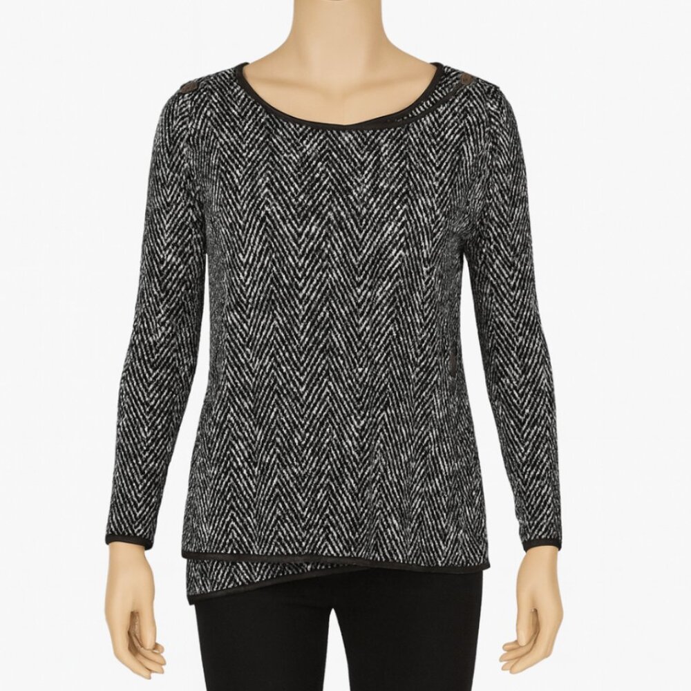 Joseph Ribkoff Sweater Womens 10 Black White Marled Asymmetric Hem Neutral